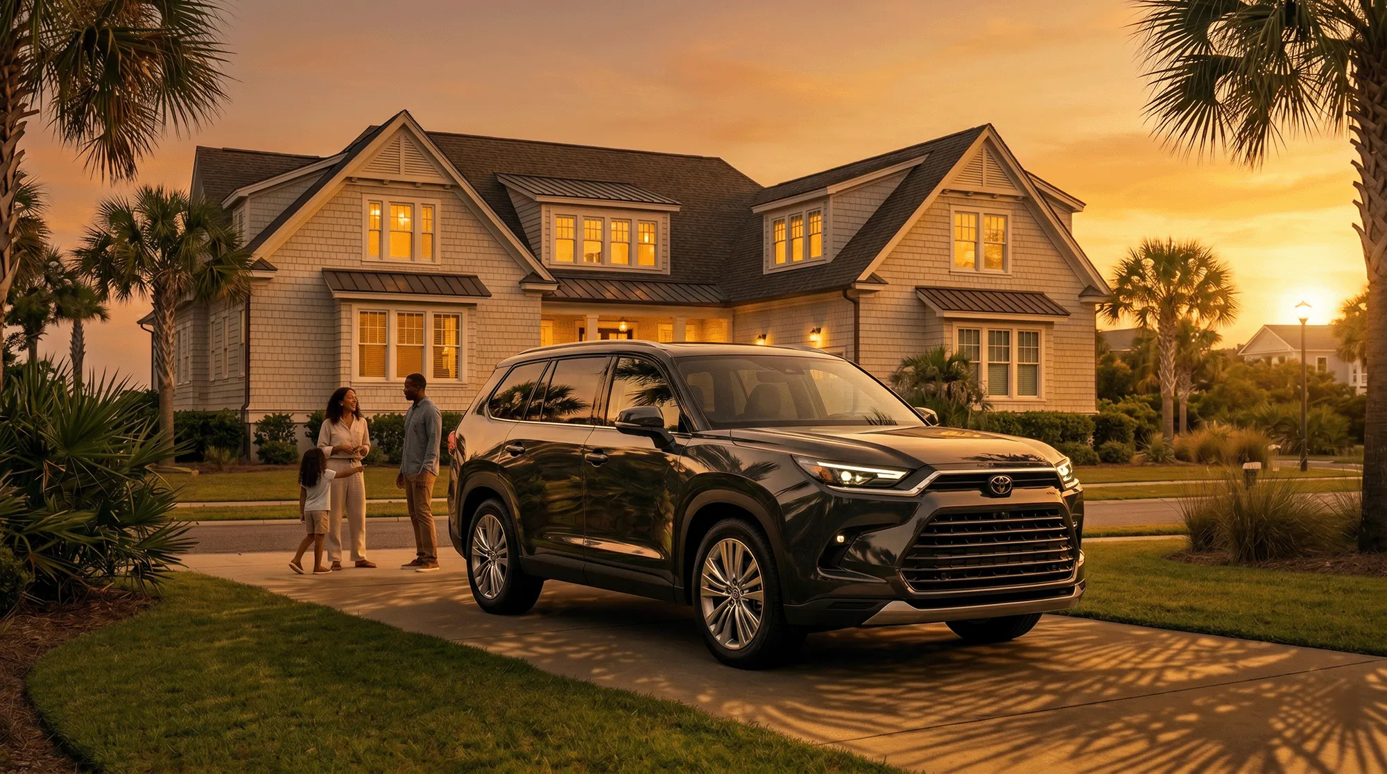 Dark gray 2026 Toyota Sequoia parked near a marina at sunset while a family loads bags into another SUV nearby.