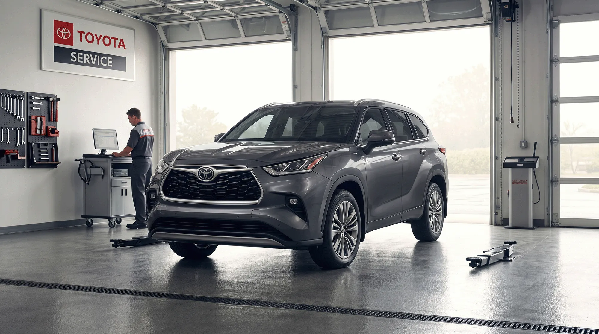 Gray 2026 Toyota Highlander inside a Toyota service bay during a routine maintenance inspection.