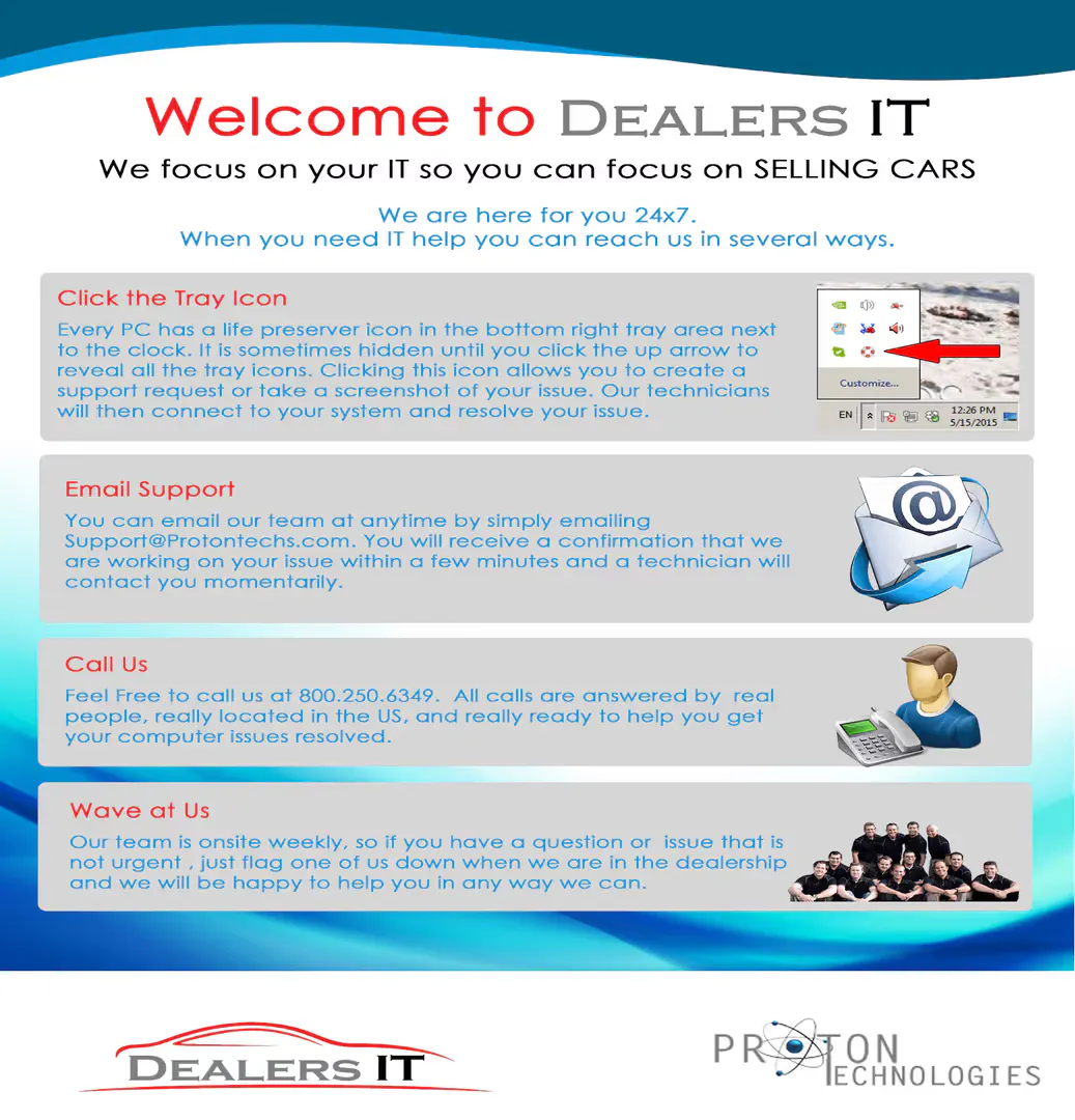 Dealers IT support information including remote computer support, email support, telephone support, and onsite assistance