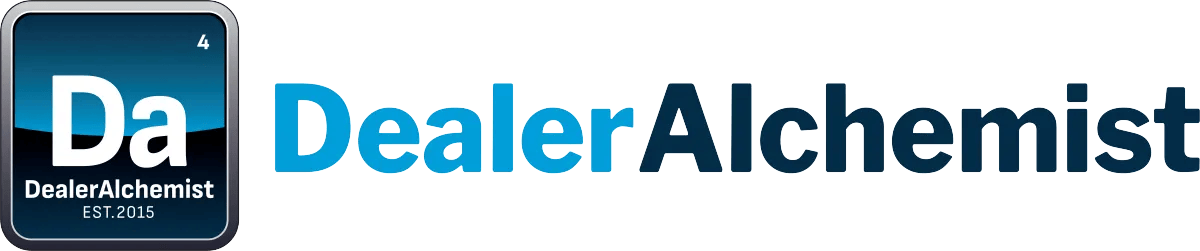 DA horizontal blue text white background DA Dealer Alchemist Logo in Blue Text
