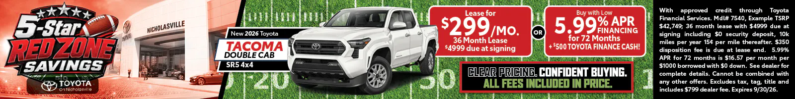 Tacoma Double Cab SR5 4×4 — Lease $299/mo or 5.99% APR/72mo + $500 Finance Cash