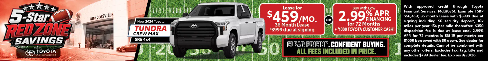 Tundra Crew Max SR5 4×4 — Lease $459/mo or 2.99% APR/72mo + $1000 Customer Cash