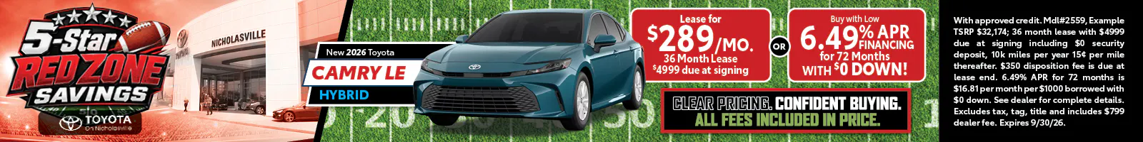 Camry LE Hybrid — Lease $289/mo or 6.49% APR/72mo with $0 Down