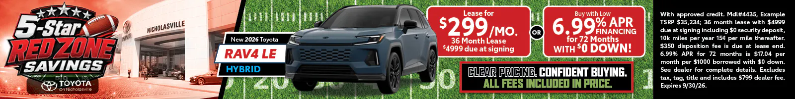 RAV4 LE Hybrid — Lease $299/mo or 6.99% APR/72mo with $0 Down
