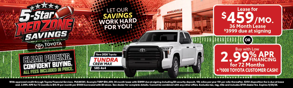 Tundra Crew Max SR5 4×4 — Lease $459/mo or 2.99% APR/72mo + $1000 Customer Cash | Toyota on Nicholasville