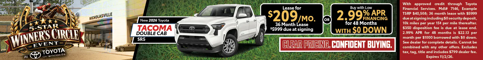 Tacoma Double Cab SR5 — Lease $209/mo or 2.99% APR/48mo with $0 Down