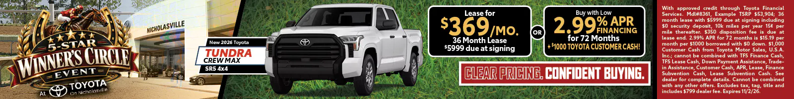 Tundra CrewMax SR5 4×4 — Lease $369/mo or 2.99% APR/72mo + $1,000 Toyota Customer Cash
