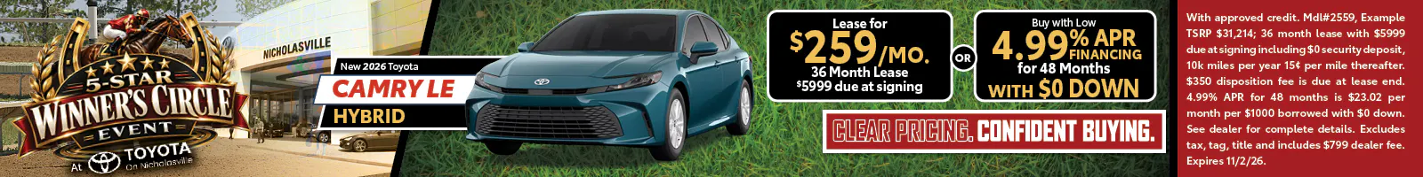 Camry LE Hybrid — Lease $259/mo or 4.99% APR/48mo with $0 Down