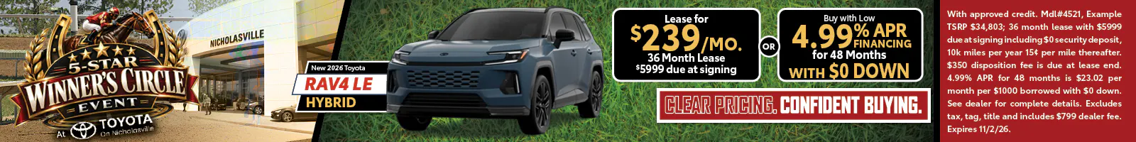 RAV4 LE Hybrid — Lease $239/mo or 4.99% APR/48mo with $0 Down