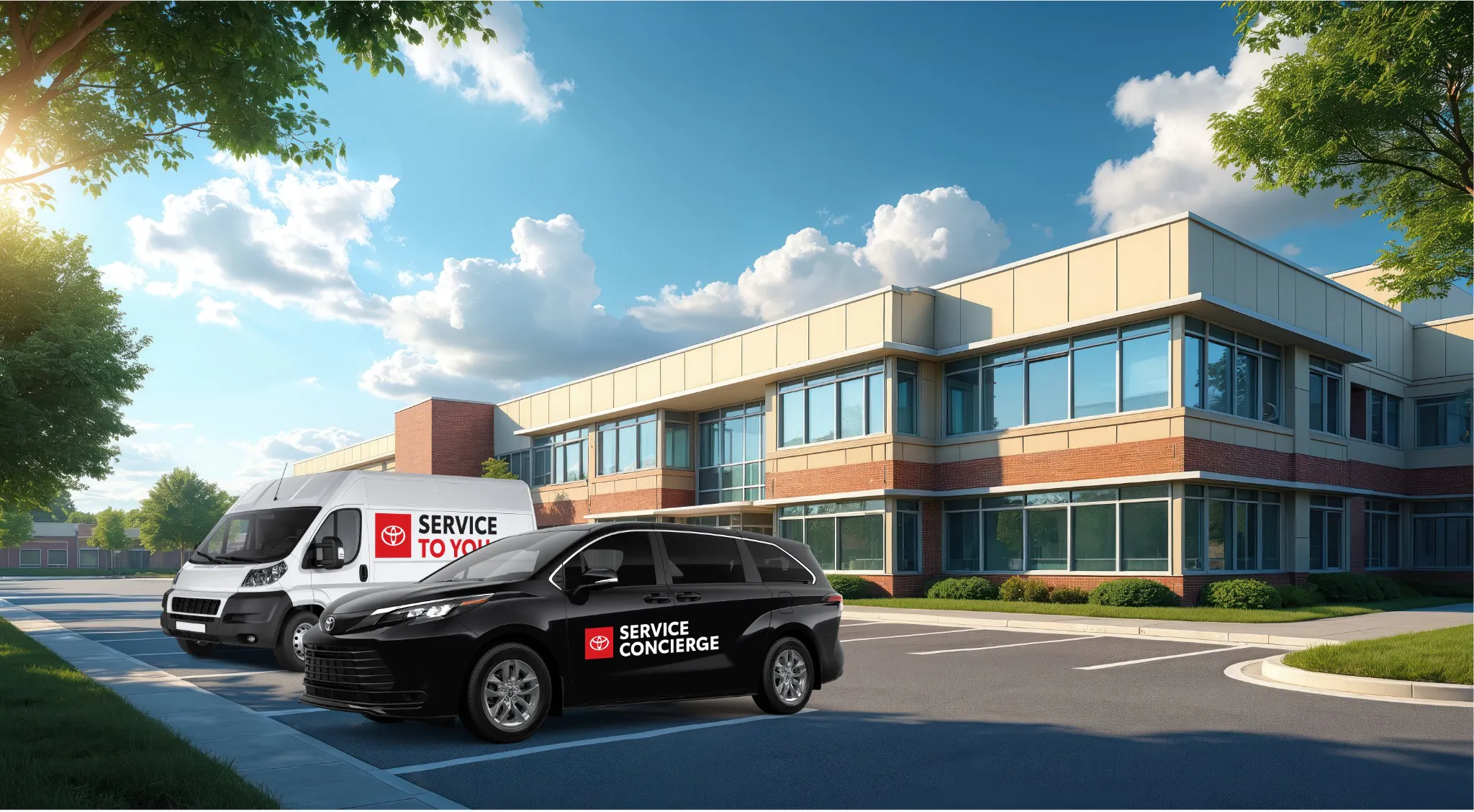 Toyota mobile service van and Service Concierge vehicle parked outside an office